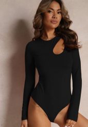 Czarne Body z Wycięciem i Długim Rękawem Ollisma. Czarne body Renee, bez wzorów. Za 79.99 zł.