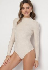 Beżowe Body z Wiskozą ze Stójką i Tłoczonym Wzorem Ravistea. Brązowe body Born2be, bez wzorów, z jeansu. Za 99.99 zł.