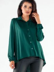 Koszula Damska Model A527 Bottle Green - awama. Zielone koszule damskie Awama, l, bez wzorów, z elastanu, eleganckie, bez kołnierzyka, bez ramiączek. Za 300.83 zł.