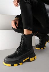 Czarno-Żółte Botki Oreithon. Czarne botki damskie Renee, bez wzorów, z jeansu, eleganckie, bez obcasa, na płaskiej podeszwie, bez zapięcia. Za 74.99 zł.