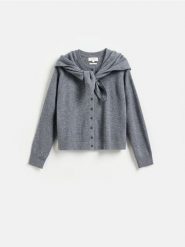Wełniany kardigan z chustą - szary. Szare kardigany damskie Reserved, l, bez wzorów, z wełny, bez kołnierzyka. Za 259.99 zł.