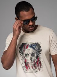 Bawełniany t-shirt męski z nadrukiem w stylu rockowym – kremowy V1 OM-TSPT-0199 - XXL. Białe t-shirty męskie Ombre Clothing, l, bez wzorów, z bawełny, bez kołnierzyka, bez ramiączek. Za 59.99 zł.