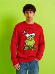 Sweter Grinch - koralowy. Pomarańczowe swetry męskie Sinsay, l, bez wzorów, bez kołnierzyka, bez ramiączek. Za 69.99 zł.