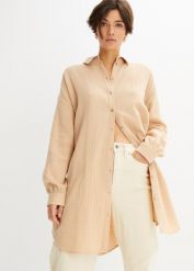 Długa bluzka muślinowa oversize. Brązowe bluzki damskie bonprix, bez wzorów, bez kołnierzyka, bez ramiączek. Za 129.99 zł.