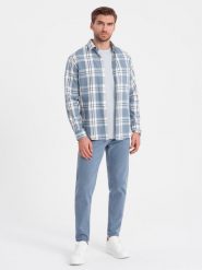 Spodnie męskie jeansowe bez przetarć SLIM FIT - niebieskie V3. Niebieskie spodnie materiałowe męskie Ombre Clothing, m, bez wzorów, z bawełny. W wyprzedaży za 59.99 zł.