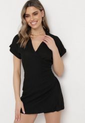 Czarna Kopertowa Sukienka Kombinezon Letnia Mini z Bawełny i Lnu Liorra. Czarne sukienki damskie Born2be, na lato, m, bez wzorów, z bawełny, bez kołnierzyka, bez ramiączek, mini, kopertowe. Za 84.99 zł.