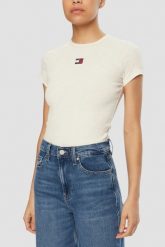 TOMMY JEANS Beżowy damski t-shirt. Brązowe t-shirty damskie Tommy Jeans, s, bez wzorów, z jeansu, bez kołnierzyka, bez ramiączek. W wyprzedaży za 143.99 zł.