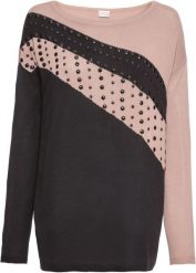 Sweter oversize z aplikacją. Czarne swetry nierozpinane damskie bonprix, z aplikacjami, eleganckie, bez kołnierzyka, bez ramiączek. Za 134.99 zł.