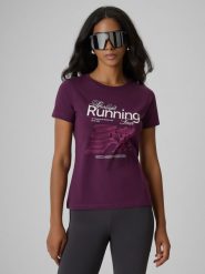 4F T-shirt slim z nadrukiem damski - fioletowy L. Fioletowe t-shirty damskie 4F, l, bez wzorów, z bawełny, klasyczne, bez kołnierzyka, bez ramiączek. Za 59.99 zł.