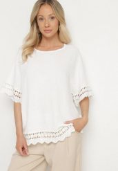 Biała Bluzka z Ażurowymi Wstawkami Vozenia. Białe bluzki damskie Born2be, xl, w ażurowe wzory, z jeansu, eleganckie, bez kołnierzyka, bez ramiączek. Za 64.99 zł.