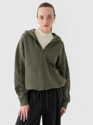 4F Bluza dresowa rozpinana z kapturem damska - oliwkowa/khaki S. Brązowe bluzy damskie 4F, s, bez wzorów, z bawełny, klasyczne, bez ramiączek, z kapturem. W wyprzedaży za 79.99 zł.