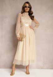 Beżowa Siateczkowa Sukienka Maxi o Rozkloszowanym Kroju z Ozdobną Koronką Narile. Brązowe sukienki damskie Renee, m, bez wzorów, z koronki, eleganckie, bez kołnierzyka, bez ramiączek, maxi, rozkloszowane. Za 179.99 zł.