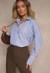 Niebiesko-Biała Koszula z Bawełną w Paski Koriaretta. Niebieskie koszule damskie Renee, l, bez wzorów, z bawełny, eleganckie, bez kołnierzyka, bez ramiączek. Za 79.99 zł.
