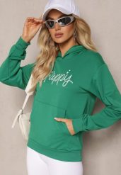 Zielona Bluza Ozdobiona Napisem z Kangurkową Kieszenią i Kapturem Hecconia. Zielone bluzy damskie Renee, l, bez wzorów, casualowe, bez ramiączek. Za 69.99 zł.