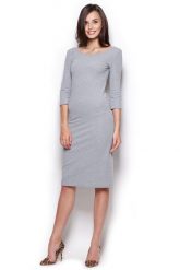 Midi Sukienka z Rękawem 3/4- Szara. Szare sukienki damskie Figl, l, bez wzorów, z bawełny, bez kołnierzyka, bez ramiączek, midi. Za 239.00 zł.
