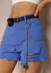 Niebieskie Bawełniane Szorty High Waist z Paskiem z Odpinanym Łańcuszkiem Priseis. Niebieskie szorty damskie Renee, bez wzorów, z bawełny, casualowe, z podwyższonym stanem. Za 39.99 zł.