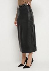 Czarna Długa Spódnica High Waist z Imitacji Skóry z Dodatkowym Paskiem i Rozcięciem Wyneti. Czarne spódnice damskie Born2be, na co dzień, l, bez wzorów, ze skóry, eleganckie, z podwyższonym stanem, maxi, koszulowe. Za 139.99 zł.