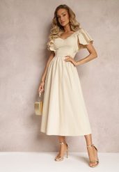 Beżowa Taliowana Sukienka Maxi z Falbanami Giftis. Brązowe sukienki damskie Renee, na imprezę, s, z aplikacjami, bez kołnierzyka, bez ramiączek, maxi. Za 64.99 zł.