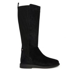 Kozaki Tommy Hilfiger. Czarne kozaki damskie Tommy Hilfiger, bez wzorów, bez obcasa, na płaskiej podeszwie, bez zapięcia. Za 719.99 zł.