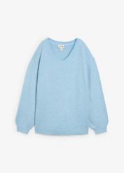 Sweter z dekoltem w serek. Niebieskie swetry nierozpinane damskie bonprix, bez wzorów, bez kołnierzyka, bez ramiączek. Za 97.99 zł.