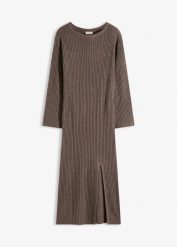 Sukienka dzianinowa z rozcięciem. Brązowe sukienki damskie bonprix, bez wzorów, z dzianiny, bez kołnierzyka, bez ramiączek. Za 149.99 zł.