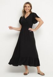Czarna Wiskozowa Kopertowa Sukienka o Rozkloszowanym Kroju Nellrive. Czarne sukienki damskie Born2be, na co dzień, l, bez wzorów, z wiskozy, eleganckie, bez kołnierzyka, bez ramiączek, maxi, kopertowe. Za 64.99 zł.