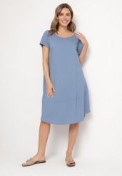 Niebieska Rozkloszowana Wiskozowa Sukienka Trivoria. Niebieskie sukienki damskie Born2be, na co dzień, l, bez wzorów, z materiału, eleganckie, bez kołnierzyka, bez ramiączek, midi, rozkloszowane. Za 54.99 zł.