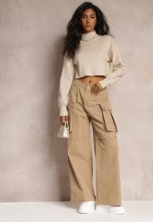 Beżowe Szerokie Spodnie High Waist w Stylu Cargo Vomisal. Brązowe spodnie materiałowe damskie Renee, bez wzorów, z jeansu, eleganckie, z podwyższonym stanem. Za 109.99 zł.