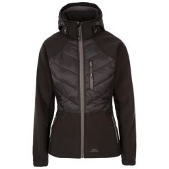 Kurtka Damska Elvira Soft Shell. Czarne kurtki sportowe damskie Trespass, xs, bez wzorów, z softshellu, bez ramiączek, bez kaptura, trekkingowe. Za 217.99 zł.