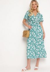 Zielona Kopertowa Sukienka z Wiskozy z Gumką w Pasie i Materiałowym Paskiem Fazemia. Zielone sukienki damskie Born2be, na co dzień, l, bez wzorów, z materiału, eleganckie, bez kołnierzyka, bez ramiączek, maxi, kopertowe. Za 64.99 zł.