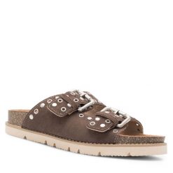 Klapki JENNY. Brązowe klapki damskie Jenny, bez wzorów, bez obcasa, bez zapięcia. Za 129.99 zł.