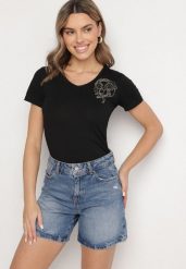Czarny T-shirt z Bawełny z Cyrkoniowym Wzorem Uliavira. Czarne t-shirty damskie Born2be, l, z aplikacjami, z bawełny, eleganckie, bez kołnierzyka, bez ramiączek. Za 29.99 zł.