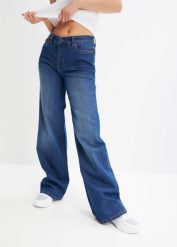 Dżinsy Wide Leg, Mid Waist, ze stretchem. Niebieskie jeansy damskie bonprix, bez wzorów, z jeansu. Za 97.99 zł.