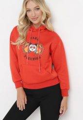 Pomarańczowa Bluza z Kolorowym Nadrukiem i Kapturem Kimna. Brązowe bluzy damskie Born2be, l, bez wzorów, casualowe, bez ramiączek. Za 84.99 zł.