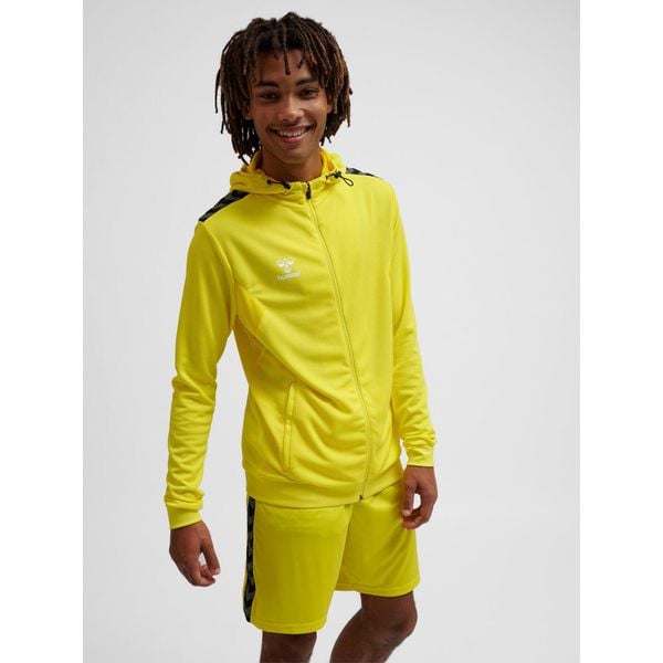 Poliestrowa bluza dresowa z kapturem i zamkiem błyskawicznym Hummel Authentic. Żółte bluzy męskie Hummel, bez wzorów, z dresówki, z kapturem, na fitness i siłownię. Za 254.50 zł.