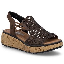 Sandały damskie na koturnie brązowe Rieker V1765-24. Brązowe sandały damskie Rieker, bez wzorów, ze skóry ekologicznej, bez obcasa, na koturnie, bez zapięcia. Za 349.00 zł.
