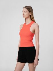 4F Crop top z prążkowanej dzianiny damski L. Czerwone topy damskie 4F, l, bez wzorów, z dzianiny, bez kołnierzyka, bez ramiączek. Za 49.99 zł.