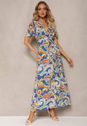 Niebieska Rozkloszowana Sukienka z Bawełny o Kopertowym Kroju w Print Paisley Piavella. Niebieskie sukienki damskie Renee, na co dzień, l, bez wzorów, z bawełny, eleganckie, bez kołnierzyka, bez ramiączek, maxi, kopertowe. Za 39.99 zł.