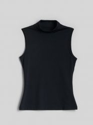 4F Top slim gładki damski - czarny S. Czarne topy damskie 4F, m, bez wzorów, z dzianiny, klasyczne, bez kołnierzyka, bez ramiączek. Za 69.99 zł.