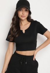 Czarny Bawełniany T-shirt z Prążkowanego Materiału Linalora. Czarne t-shirty damskie Born2be, l, bez wzorów, z bawełny, biznesowe, bez kołnierzyka, bez ramiączek. Za 29.99 zł.