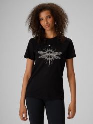 4F T-shirt regular z nadrukiem damski - czarny S. Czarne t-shirty damskie 4F, m, bez wzorów, z bawełny, klasyczne, bez kołnierzyka, bez ramiączek. Za 59.99 zł.