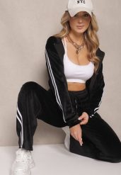 Czarny Komplet Dresowy Szerokie Spodnie i Rozpinana Bluza z Kapturem Uzvisa. Czarne bluzy damskie Renee, m, bez wzorów, z dresówki, bez ramiączek, z kapturem. Za 69.99 zł.