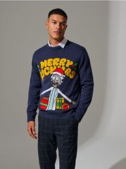 Sweter świteczny Rick and Morty - granatowy. Niebieskie swetry męskie Sinsay, l, bez wzorów, wizytowe, bez kołnierzyka, bez ramiączek. Za 69.99 zł.