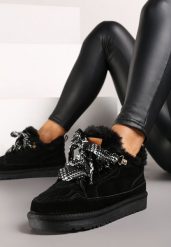 Czarne Śniegowce Typu Sneakersy ze Skóry Naturalnej Wyściełane Futerkiem Venalise. Czarne śniegowce damskie Renee, z futra, bez zapięcia. Za 169.99 zł.
