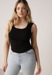 Czarny Dopasowany Top Bez Rękawów z Wiskozy z Kwadratowym Dekoltem Madu. Czarne topy damskie Born2be, m, bez wzorów, z jeansu, eleganckie, bez kołnierzyka, bez ramiączek. Za 59.99 zł.