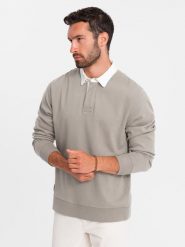 Bluza męska z białym kołnierzykiem polo - ciemnobeżowa V2 - Rozmiar: S. Brązowe bluzy męskie Ombre Clothing, m, bez wzorów, z bawełny, bez ramiączek, bez kaptura. W wyprzedaży za 79.99 zł.
