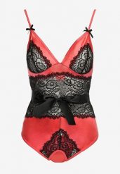 Różowo-Czarne Koronkowe Body ze Stringami z Paskiem w Talii Azuran. Czerwone body Renee, z aplikacjami, z koronki. Za 44.99 zł.