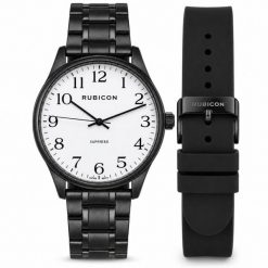 Zegarek Rubicon Zegarek męski RUBICON DIEGO RNAA02 czarny bransoleta + silikon cyfry. Czarne zegarki męskie Rubicon, bez wzorów. Za 379.90 zł.