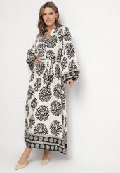 Czarna Wiskozowa Sukienka Oversize w Etniczny Wzór z Wiązanym Paskiem Florseki. Czarne sukienki damskie Born2be, na co dzień, m, bez wzorów, z wiskozy, eleganckie, bez kołnierzyka, bez ramiączek, maxi, oversize. Za 119.99 zł.