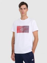 4F T-shirt regular z nadrukiem męski - biały S. Białe t-shirty męskie 4F, m, bez wzorów, z bawełny, bez kołnierzyka, bez ramiączek. Za 69.99 zł.